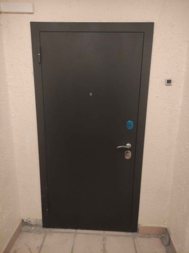 Установлена новая металлическая дверь с замком и ручкой. Проведены работы по монтажу коробки, регулировке петель и герметизации швов. Обеспечена надежная защита и теплоизоляция.