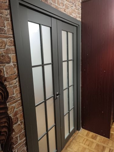 Установлены двустворчатые двери с матовыми стеклами, выполнена регулировка петель, закреплены ручки, проверена плавность открывания, проведена отделка проема, обеспечена надежная фиксация конструкции.