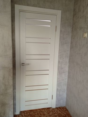 Установлена новая дверь: закреплена коробка, навешено полотно, врезаны петли и замок, отрегулирована фурнитура, обеспечена плавность открывания, завершена отделка проема.