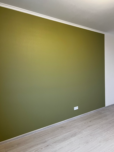 Стена покрыта ровным слоем зеленой краски, создавая свежий и современный вид. Поверхность гладкая, без видимых дефектов, гармонирует с интерьером помещения.