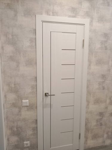 Установлена новая дверь: закреплены петли, врезана ручка, отрегулирована коробка, выполнена обналичка. Все элементы выровнены, обеспечена плавная работа механизма.