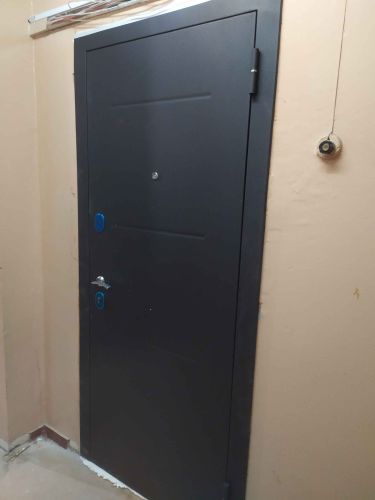 Установлена новая металлическая дверь, заменены петли, укреплена рама, добавлены замки, улучшена изоляция, обновлена отделка, проверена функциональность, завершены отделочные работы.