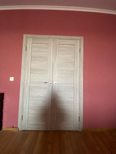 Установлены двустворчатые двери: закреплены петли, врезаны замки, отрегулированы створки, обеспечена плавность закрывания, выровнены наличники, завершена отделка проема.