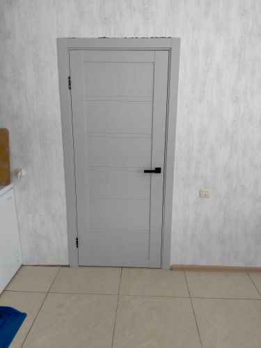 Установлена новая межкомнатная дверь с петлями и ручкой, выполнена регулировка полотна, закреплён наличник, обеспечена плавная работа конструкции, завершён монтаж.