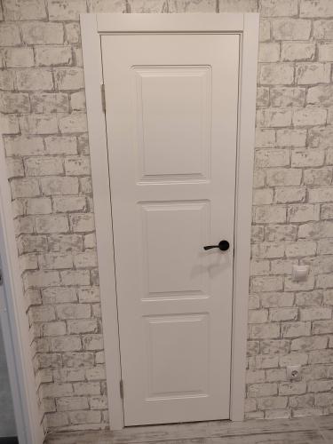 Установлена новая дверь: закреплена коробка, навешено полотно, врезаны петли, прикреплена ручка, отрегулированы зазоры, обеспечена плавность открывания, завершена отделка откосов.