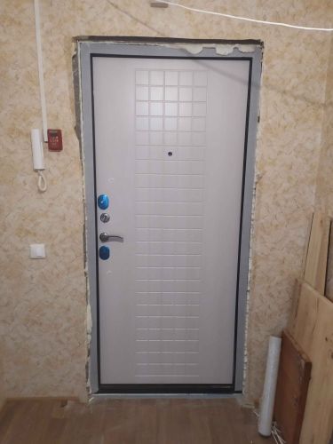 Установлена новая металлическая дверь, закреплена в проеме, обработаны швы монтажной пеной, выполнена отделка откосов, проверена работоспособность замков и ручек, обеспечена надежная изоляция.