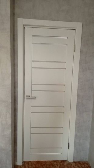 Установлена новая створка, закреплены петли, врезан замок, отрегулирована фурнитура, выровнена коробка, зафиксирован наличник, проверена плавность открывания.