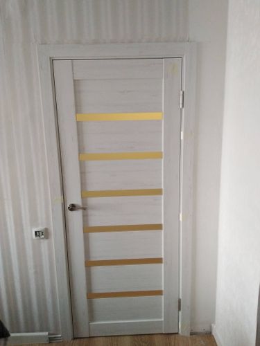 Установлена новая дверь: закреплена коробка, навешено полотно, врезаны петли, установлена ручка, отрегулированы зазоры, обеспечена плавность открывания и закрывания.