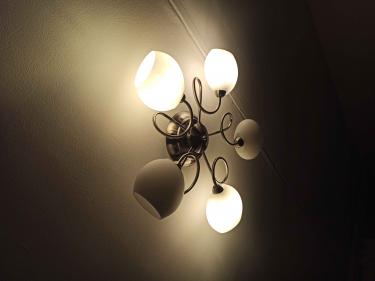 Установлено потолочное освещение: подключены провода, закреплена конструкция, проверена работоспособность, обеспечена безопасность, завершён монтаж, включены лампы, светильник функционирует.