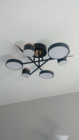 Установлена новая люстра: закреплена на потолке, подключены провода, проверена работа освещения. Все элементы надежно зафиксированы, обеспечена безопасность и эстетичный вид.