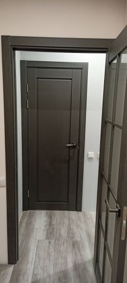 Установлена новая деревянная створка, закреплены петли, врезан замок, отрегулирована фурнитура, выровнена коробка, зафиксированы наличники, проверена плавность открывания.