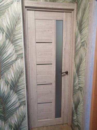 Установлена деревянная створка с ручкой и стеклянной вставкой, закреплена в проеме, выполнена подгонка коробки, навешены петли, обеспечена плавность закрывания, завершена отделка наличниками.