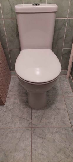 Установлен новый напольный унитаз, подключен к водопроводу и канализации, проверена герметичность соединений, произведена регулировка бачка, выполнена чистовая отделка.