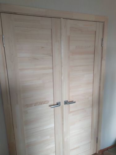 Установлены двустворчатые двери: закреплены петли, врезаны ручки, отрегулированы створки, обеспечена плавная работа. Завершена отделка проема, проверена функциональность.