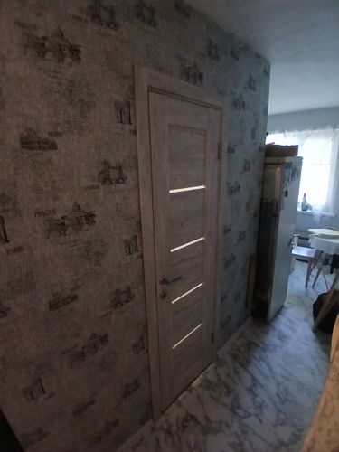 Установлена новая дверь с одной створкой, закреплены петли, врезан замок, отрегулирована фурнитура, проверена плавность закрывания, добавлены наличники, завершена отделка проема.