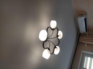 Установлена новая люстра на потолок, подключены провода, проверена работоспособность освещения, закреплены все элементы, обеспечена надежная фиксация конструкции, протестировано включение.