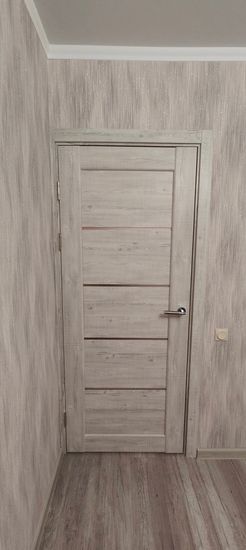 Установлена новая створка, закреплены петли, врезана ручка, отрегулированы зазоры, обеспечена плавная работа, выполнена подгонка под проём, завершена отделка наличниками.