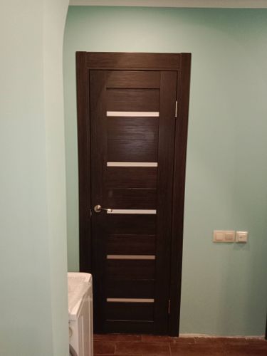 Установлена одностворчатая дверь с тёмным полотном, смонтированы петли, закреплён замок, ручка. Проведена подгонка конструкции в проём, обеспечена ровная посадка, проверена функциональность.