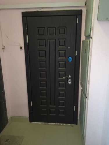 Установлена металлическая дверь с надежными петлями и замком. Проведены работы по выравниванию проема, монтажу коробки и герметизации швов для обеспечения безопасности и изоляции.