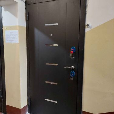 Выполнена отделка входной конструкции панелями из МДФ, обеспечивающая улучшение внешнего вида и дополнительную звукоизоляцию. Установлены декоративные элементы и новая фурнитура.