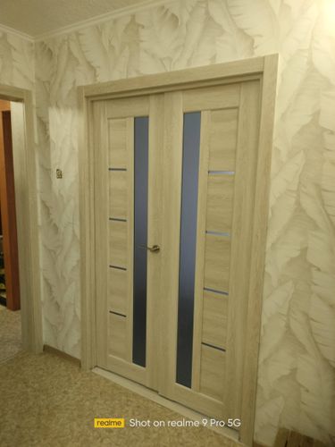 Установлены двустворчатые двери, закреплены петли, отрегулированы створки, добавлены ручки. Проведена подгонка полотен, монтаж коробки, проверка работы механизмов. Завершено оформление проема.