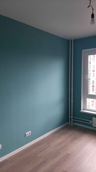 Стены покрыты ровным слоем краски, создавая гладкую, матовую поверхность. Цвет выбран гармонично, подчеркивая интерьер, добавляя свежесть и стиль в помещение. Завершено аккуратно.