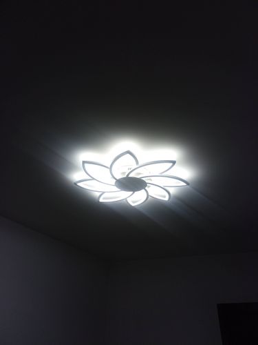 Установлено потолочное освещение в виде светильника с лепестками. Подключение выполнено, устройство надежно закреплено, обеспечивая равномерное свечение и эстетичный вид в интерьере.