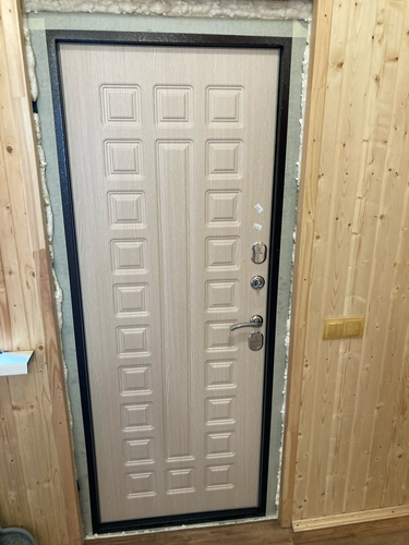 Установлена металлическая дверь, закреплена в проеме, зазоры заполнены монтажной пеной, проверена работоспособность замков и ручек, выполнена отделка откосов, обеспечена надежность конструкции.