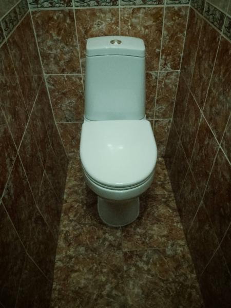 Установлено новое сантехническое оборудование, подключены коммуникации, проверена герметичность соединений, выполнена облицовка плиткой, проведена уборка помещения.