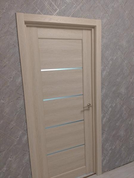 Установлена новая створка, закреплена коробка, навешены петли, врезана ручка, отрегулированы зазоры, проверена плавность хода, завершена отделка откосов, обеспечена надежная фиксация.