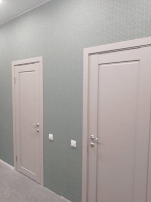 Установлена новая дверь: закреплены петли, врезана ручка, отрегулирована створка, проверена плавность открывания и закрывания, выполнена отделка наличниками, проведена финальная проверка.