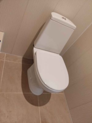 Установлено новое сантехническое оборудование, подключены коммуникации, герметично закреплено на полу, проверена функциональность, проведены испытания на протечки, завершена чистовая отделка.